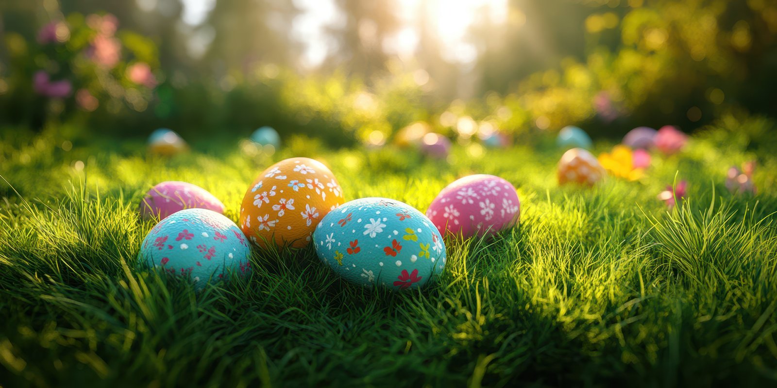 Colorful eggs scattered on lush green grass during a sunny spring day in a vibrant garden setting